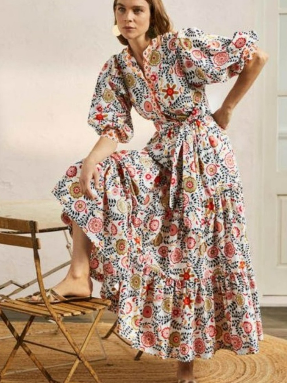 Boden Ava Tiered Maxi Dress Belted White Floral Print Puff Sleeve US 6P $210 - Picture 6 of 13